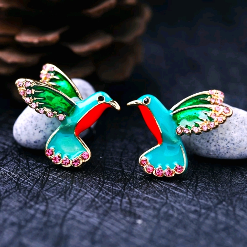 Jeweled Teal Rhinestone Hummingbird Earrings